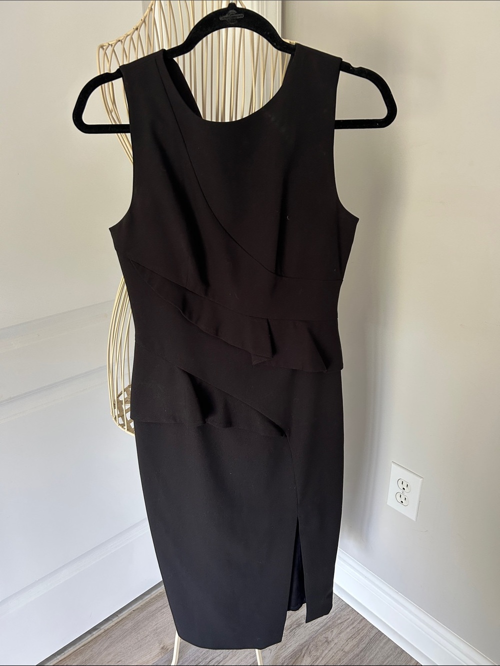 Marciano Black Midi Sheath Dress with Asymmetric Ruffle